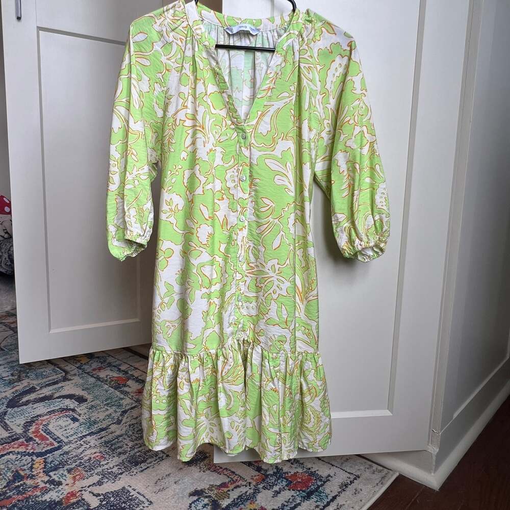 Mango Printed Bow V-Neck Ruffle Mini Dress in bright Green size 2 or xs - Picture 2 of 7